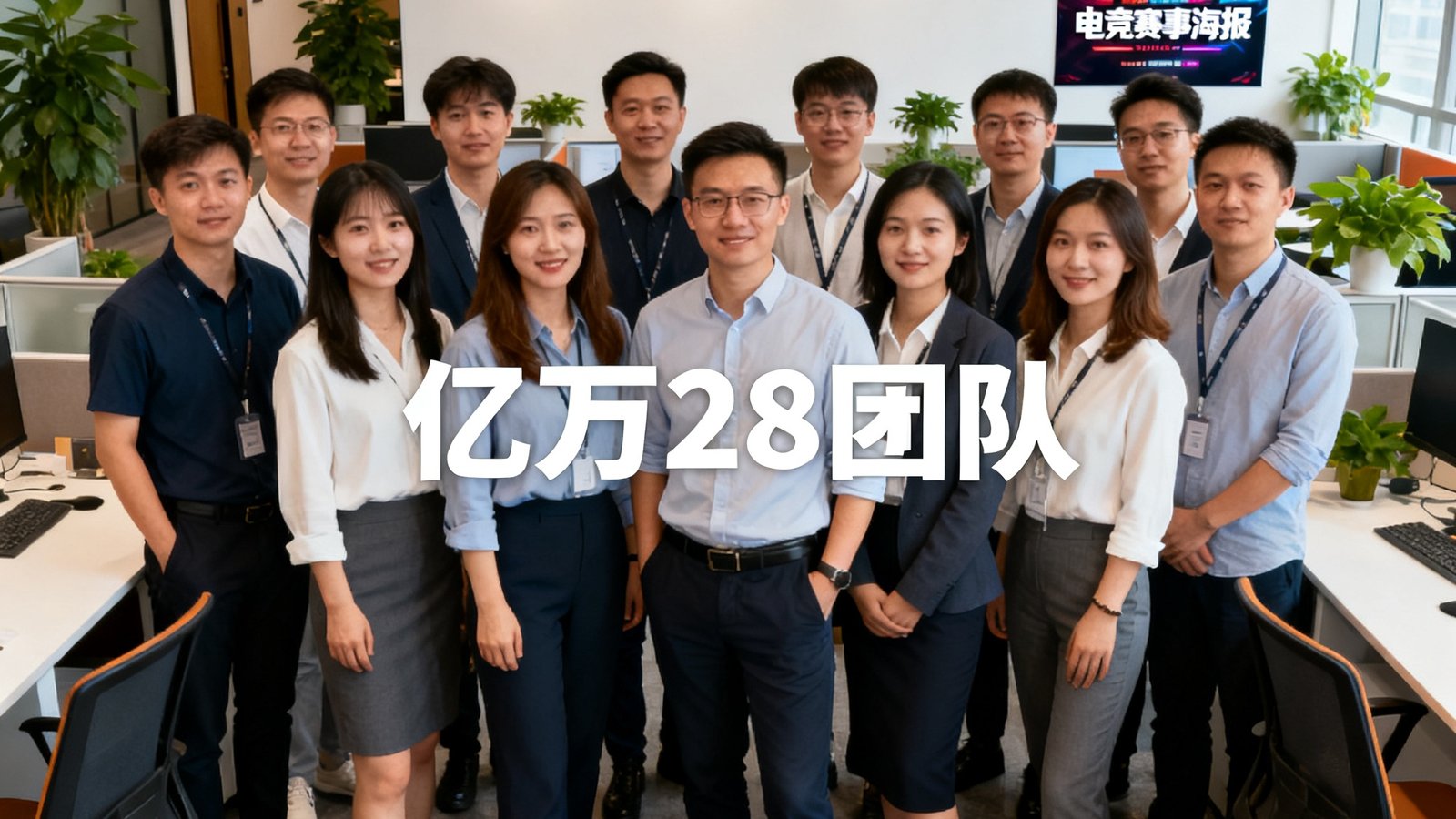 亿万28团队在开放式办公室的合影，背景墙上有公司logo和电竞赛事海报