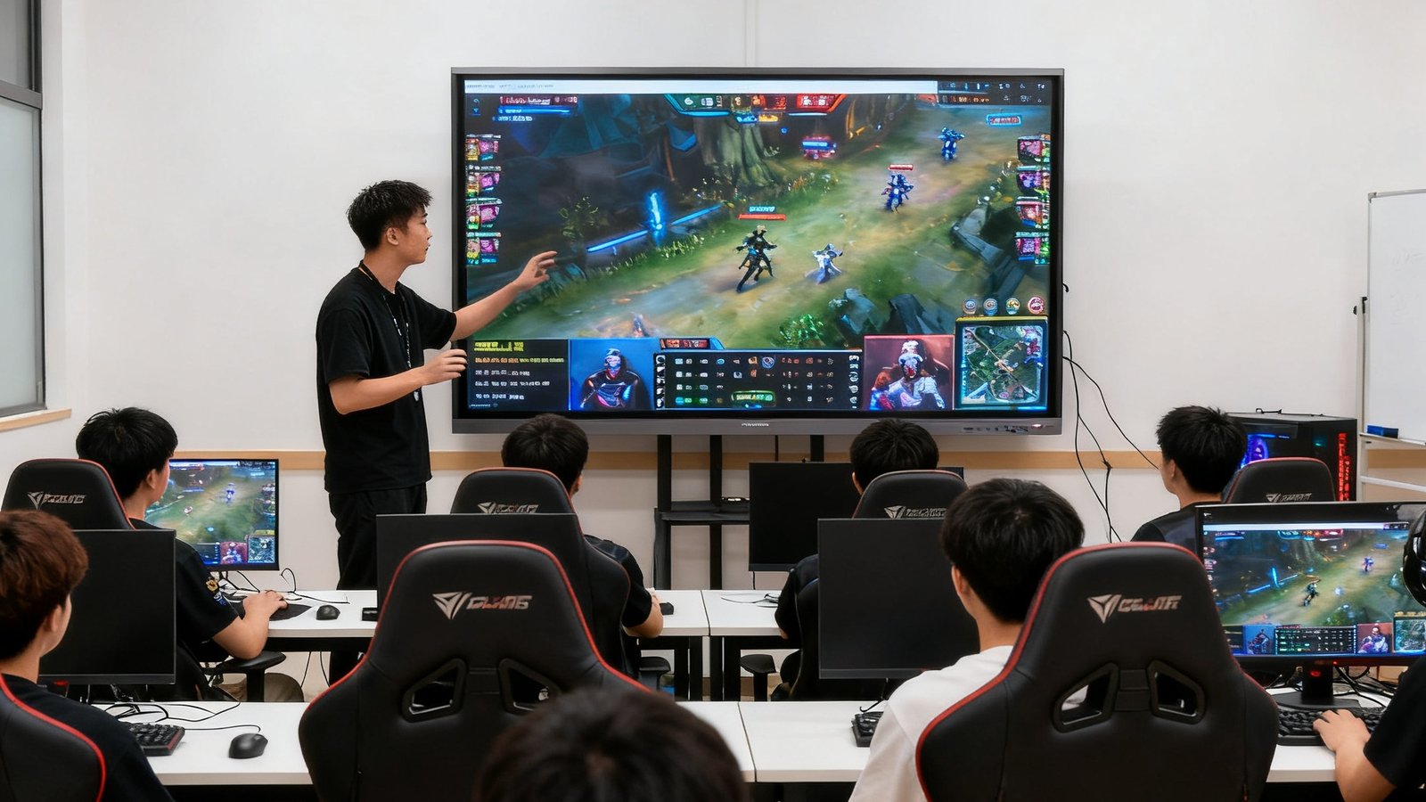 职业电竞培训课堂内部，学员坐在电竞椅上，教练在分析大屏幕上的比赛录像
