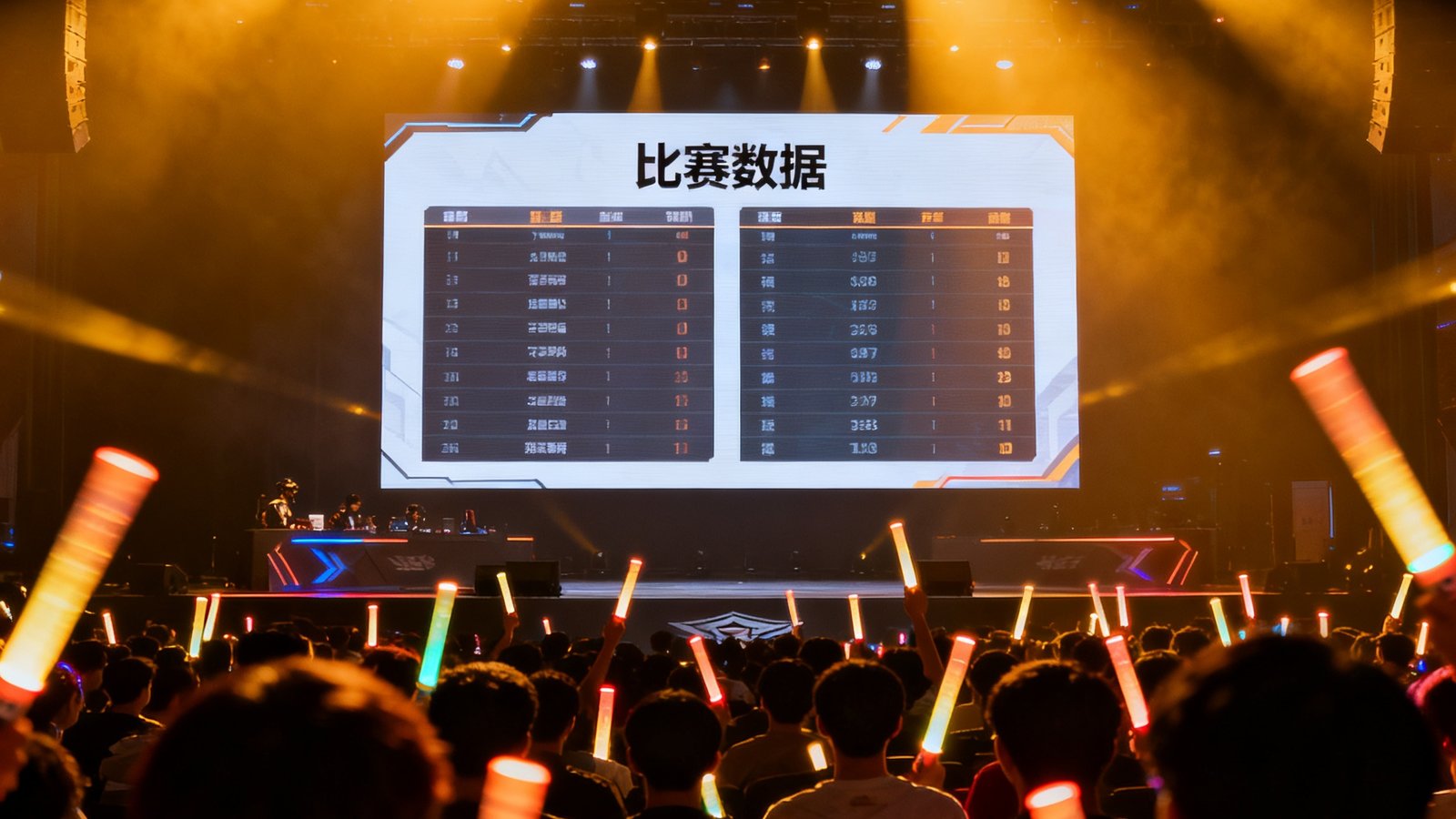 亿万28电竞赛事现场，舞台中央大型屏幕显示比赛数据，观众席荧光棒挥舞